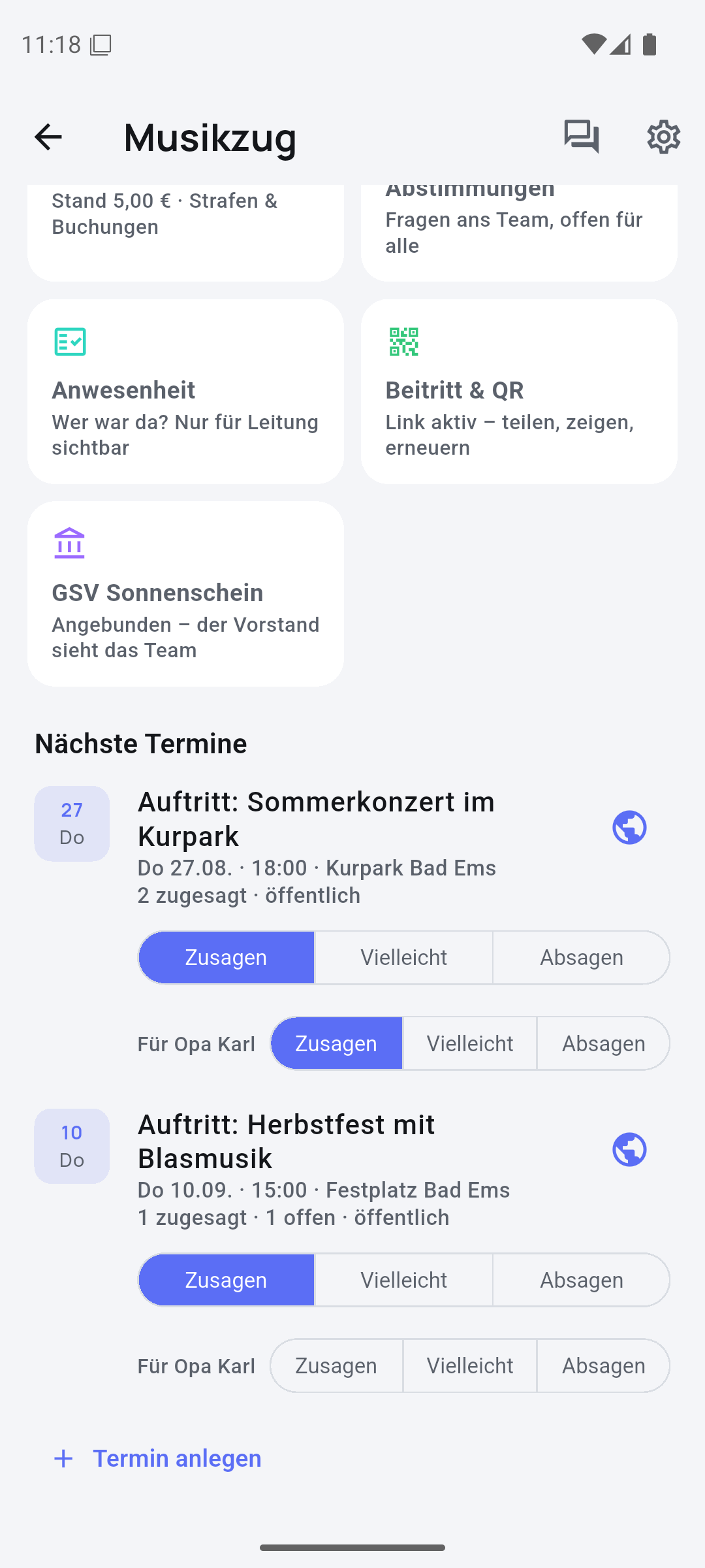 Team-Seite in der OrganiseOne-App: die kommenden Termine eines Vereinsteams mit Zusagen direkt in der Zeile